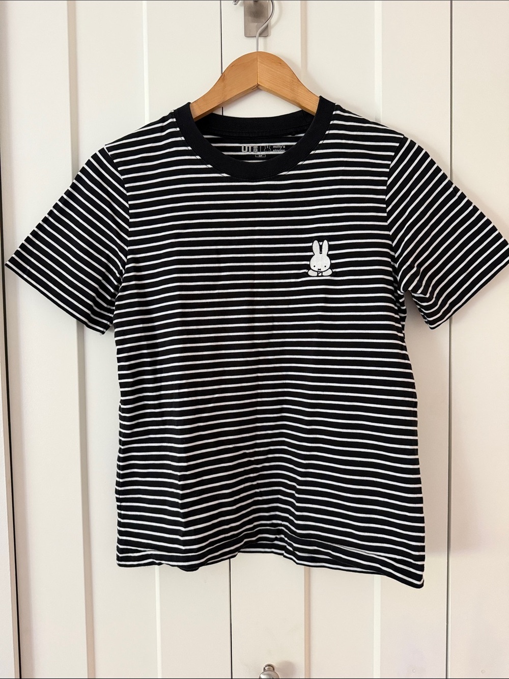 Uniqlo Miffy Stories Black and White Striped Short Sleeve Tee with Bunny Patch